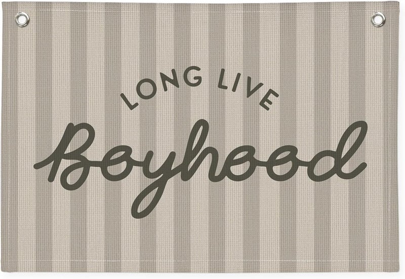 PLKMN Long Live Boyhood Banner, Boy Nursery Decor, Canvas Banner Wall Hanging Flag Decor for Nursery Playroom Toddler Room, Boys Kids Room - Gray - Image 1